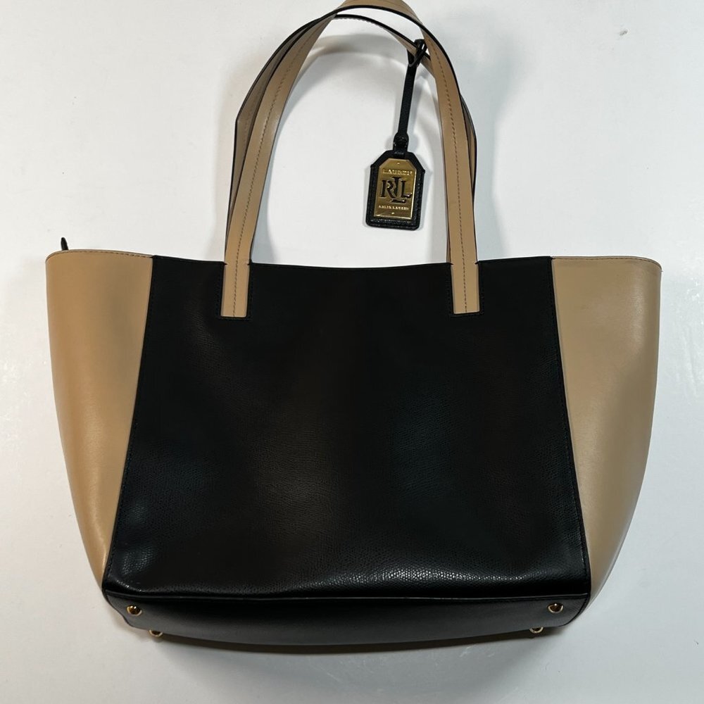 Lauren Ralph Lauren Leather Tote Bag Purse Beige Brown - Picture 9 of 9